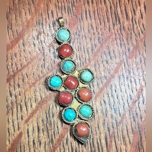 Vintage Southwest Style Turquoise Coral Dagger Shaped Pendant